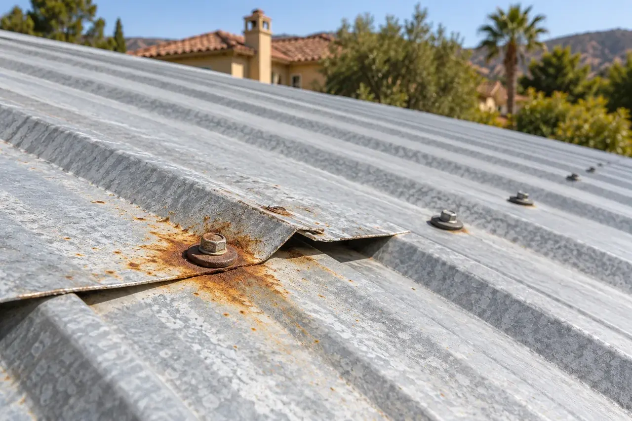 Weathered metal roofing with corrosion and a damaged fastener area