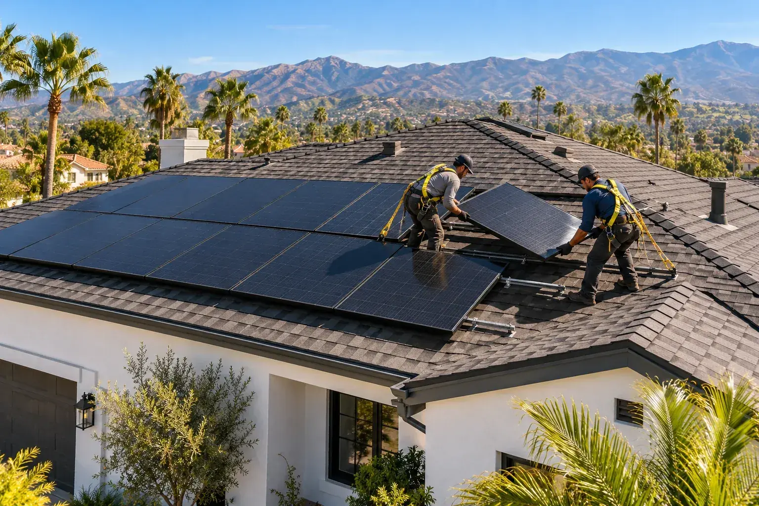 Illustration of technicians lifting a solar panel from a Southern California home's shingle roof