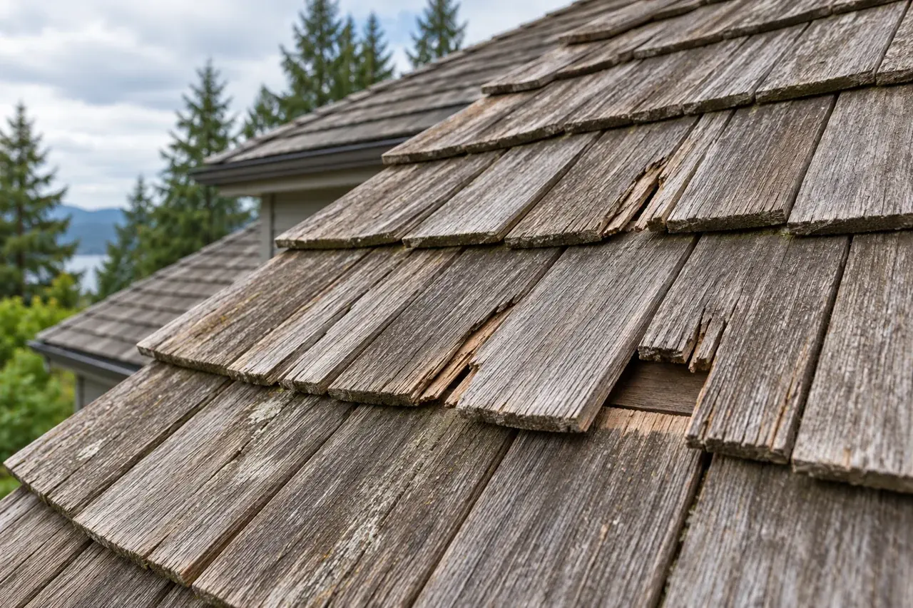 Split and missing wood shakes on a weathered roof