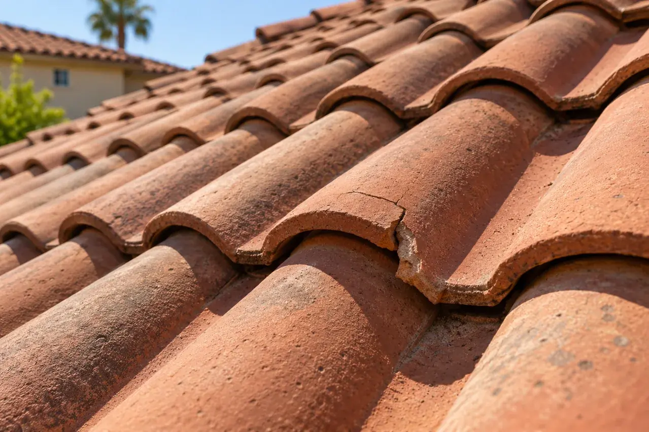 Cracked terracotta roof tile with a broken edge