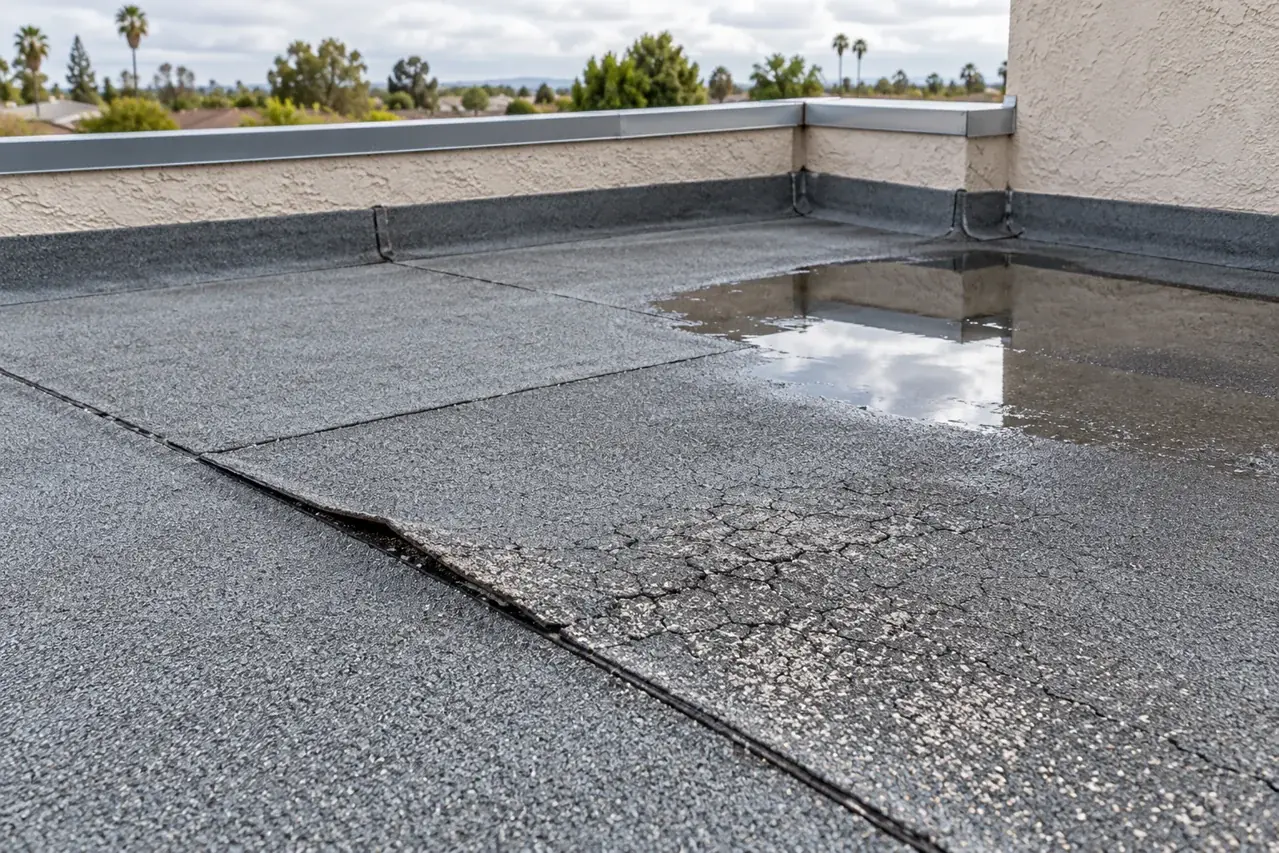 Open seam and standing water on a weathered low-slope roof