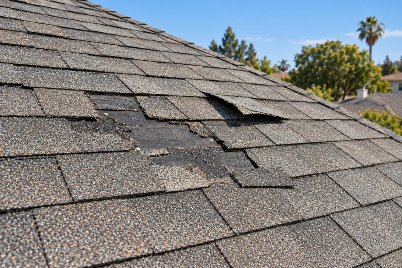 Torn and missing asphalt shingles exposing lower roof layers