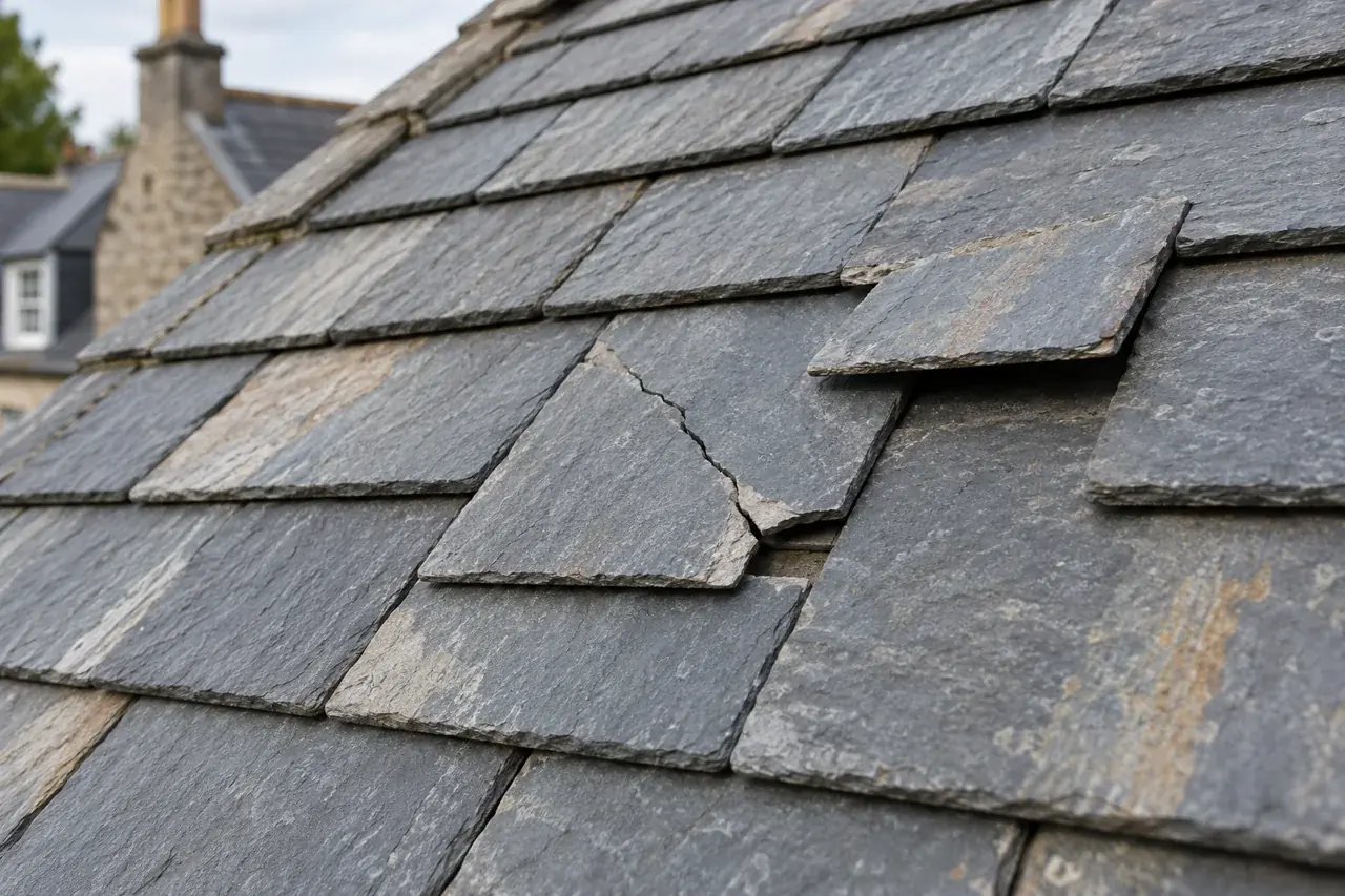 Broken and slipped slate pieces on a slate roof